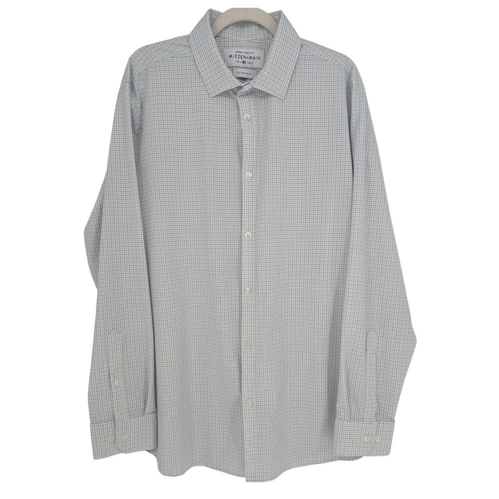 Mizzen+Main Leeward Dress Shirt Mens XXL White Blue Grid Trim Fit Stretch Preppy